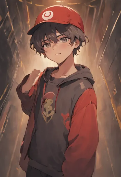 A boy wearing a grey bucket hat with a white smiley face on it, boy has dark brown curly hair, boy is wearing simple red hoodie and black pants, boy is happy closing his eyes while doing the peace sighn with his hands, race: hispanic