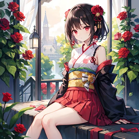 A dark-haired、red eyes、Beautiful girl alone、kimono、off shoulders、a miniskirt、Bright red rose garden、sitting on