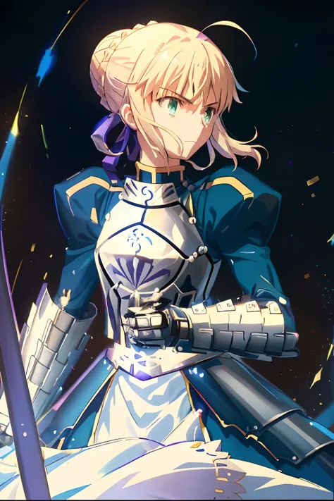 anime girl holding sword and armor in front of the stars, fate / stay night, artoria pendragon, fate stay night, fate zero, fate...