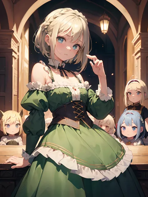 top-quality、​masterpiece、The upper part of the body、 (Gamine:1.6)Ukrainian girls、(The best smile:0.4)、 braided blond hair、 emerald eyes、 Medieval dresses、neckline、 corsets、Ghiblis Worldview、central、Blur the background、独奏、flat chest , Flat、Cute gesture、Brui...