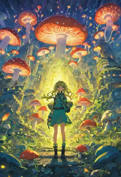 army of colorful mushrooms, invade a city, hallucination, bioluminescence