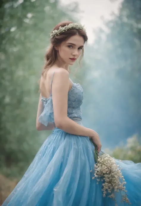 Draw as is，Blue Fairy，Large skirt，Broken flower border，Normal posture,upper body