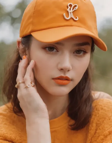 a young woman wearing orange baseball cap ,in the style of ren hang, whimsical and playful scenes, honeycore, eye-catching resin jewelry, yellow and bronze