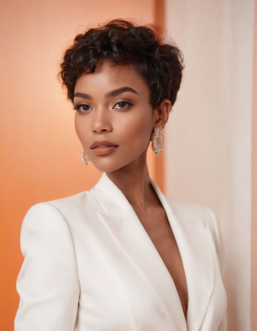 black woman short hair, fashion model pose, wearing white fashion designer suit, earrings and orange wall, sun lighting, half length shot, high quality photo