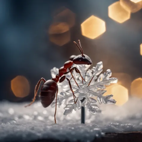 an ant with a Christmas hat stands on a piece of crystal snowflake