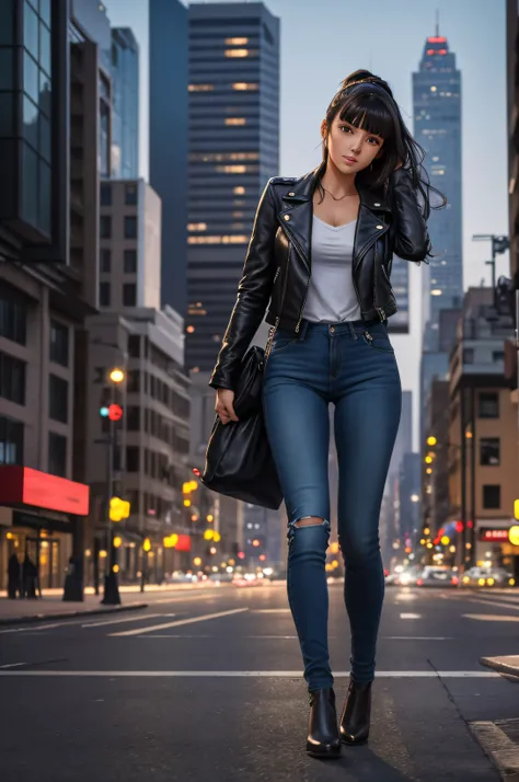 full body Realism, a 22 - year - old girl, dark hair, a ponytail on her head, bangs falling on her face, beautiful hairstyle, light makeup, dressed in a leather jacket, dressed in jeans, beautiful shoes on her feet, evening city street in the background, h...