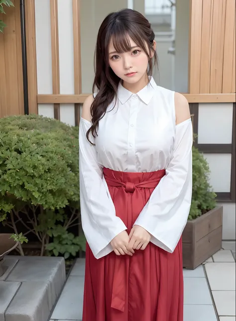 Glowing skin with black hair and short drill hairstyle、Cute priestess girl with perfect symmetrical face with blushing cheeks, Wearing Japan white clothes,Red Hakama,age19, in japanese garden, 45 angles by Krenz Kuscher and Mucha, Golden Hour Lighting, str...