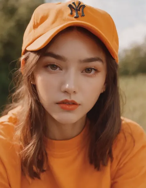 a young woman wearing orange baseball cap ,in the style of ren hang, whimsical and playful scenes, honeycore, eye-catching resin jewelry, yellow and bronze,(medium close-up)