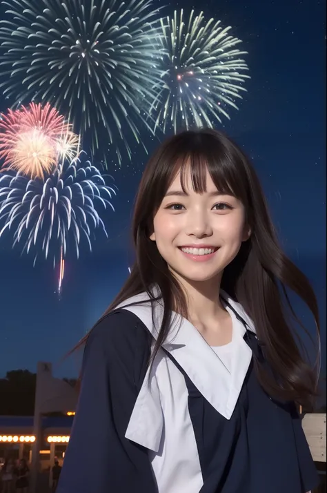 A smile、hi-school girl、校服、shortsleeves、An amusement park、While doing fireworks、starrysky、Aurora