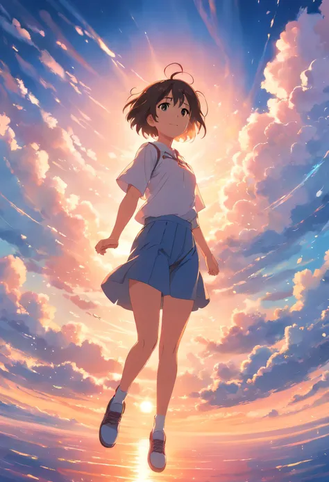 masterpiece, best quality, movie still, 1girl, cloud girl, floating in the sky, close-up, bright, happy, warm soft lighting, sunset, (sparks:0.7)