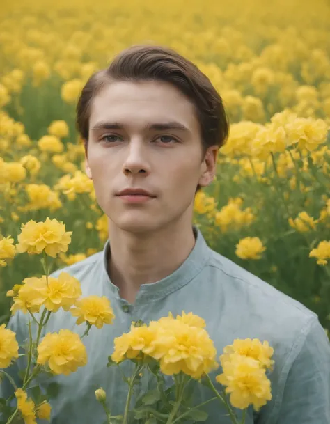 man in field of yellow flowers, in the style of lo-fi aesthetics, candid portraiture, light yellow and green, uniformly staged images, pastoral, bloomcore, close up