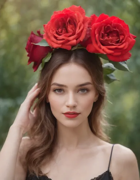 a woman holds a rose and carries a red flower on her head, in the style of collage-like elements, colorful, eye-catching compositions