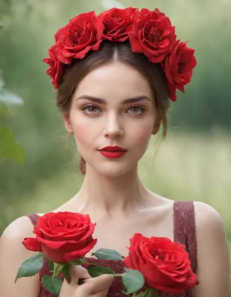 a woman holds a rose and carries a red flower on her head, in the style of collage-like elements, colorful, eye-catching compositions