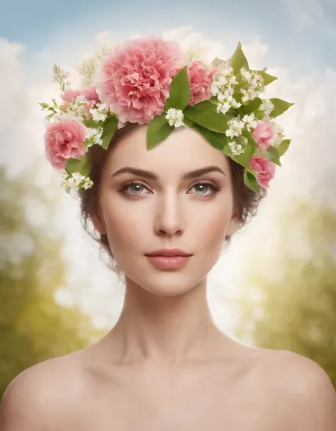 collage of woman head with a bush of flowers inside her head, in surrealism style