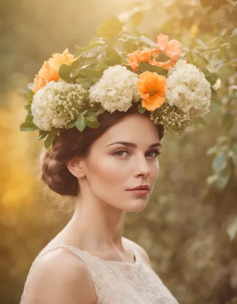 collage of woman head with a bush of flowers inside her head, in surrealism style