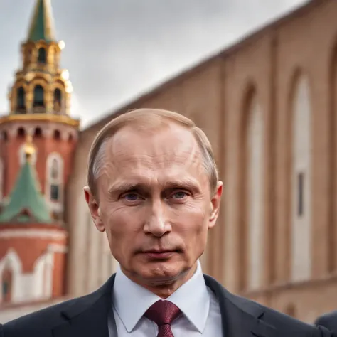 a confident Putin with intense eyes, strong physique, dignified posture, dressed in a tailored suit, standing tall in front of the Kremlin backdrop, exuding power and authority, surrounded by loyal guards. The artwork should be a realistic oil painting, wi...