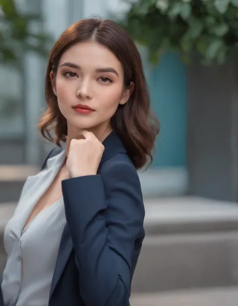 Young woman in modern suit posing boldly, vibrant, colorful, high quality photo, solid color background, Canon EOS 5D Mark IV, 75mm f/1.8,medium shot