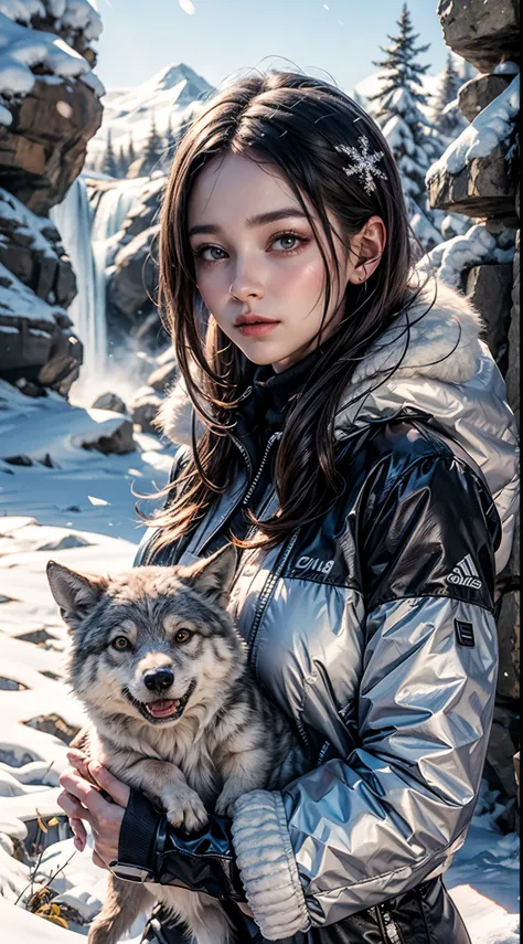 snow mountain, snowflakes, frozen waterfall, 1 girl playing with fluffy cute wolfs, beautiful weather, snow smoke, winds, 8k mas...