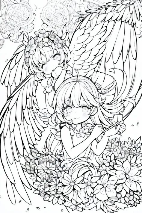 Adorable little cupid with big angel wings,3:1 Adorable little cupids with beautifully decorated angel wings、Sky and cloud decorative panels、Abstract、Sketched、Character Line、Scenes without color or shadows。
(​masterpiece、top-quality、hight resolution:1.4)、d...