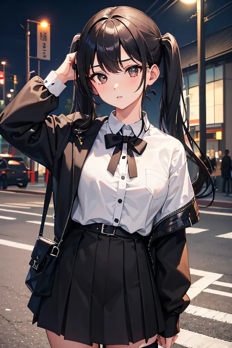 1girl, twintails black hair, black eyes, wearing black school outfit, street in tokyo at the midnight, high res, ultrasharp, 8K, looking at viewer