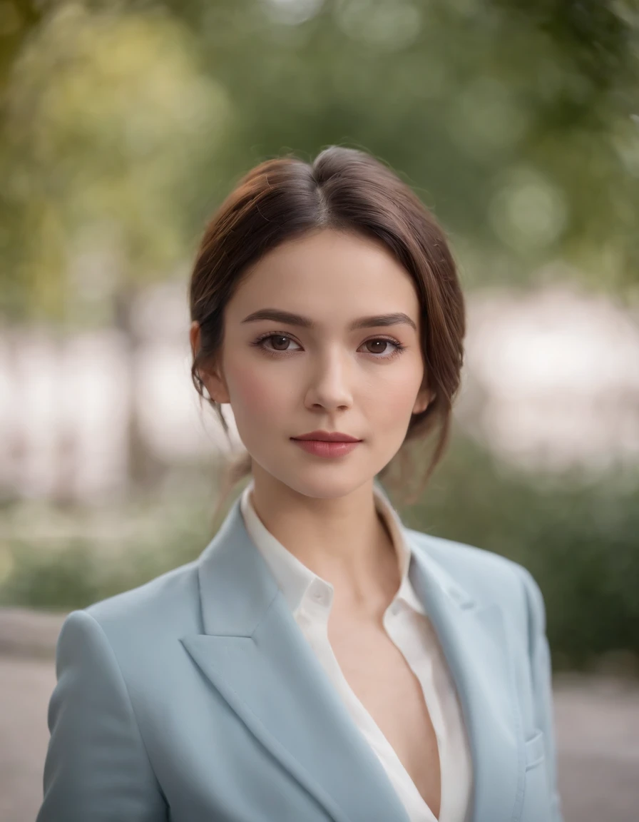 Woman wearing modern suit, front, vibrant colors, high quality photo, Canon EOS 5D Mark IV, 75mm F/1.8,(upper body)