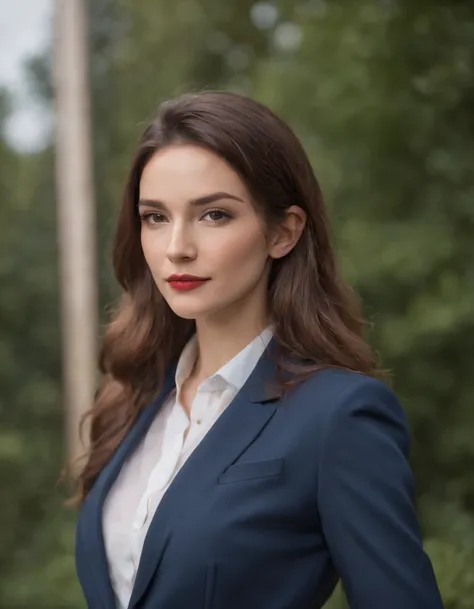 Woman wearing modern suit, front, vibrant colors, high quality photo, Canon EOS 5D Mark IV, 75mm F/1.8,(upper body)