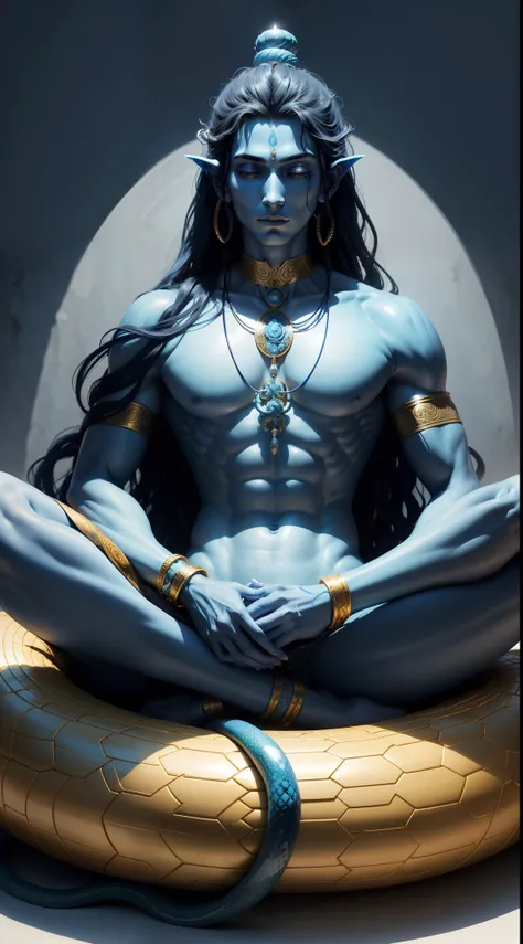 Lord Shiva、He is meditating、slender、Bright blue skin、dreds、Wear rosaries on your arms and neck、Wrapping a snake around the neck、Countless Buddhas spreading in the back