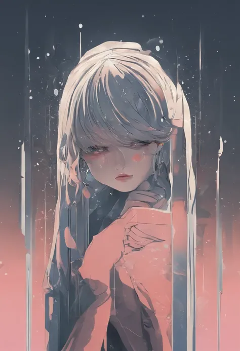 Sad girl,cry,darkness,Rain sky,。.。.。.。.。.。.。.。.。.。.。.。.。.。.。.。.。.。.。.3D,Upscale,hard disk,Blonde short,is crying,with his back turned