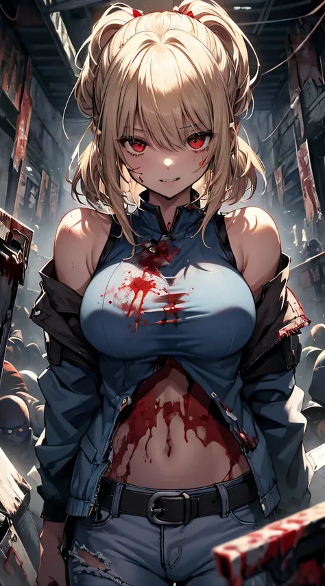 top-quality、Top image quality、​masterpiece、girl with((18year old、tatteredclothing、Black tank top、Blue jacket、White pants、Best Bust、Bust 85、a blond、poneyTail、Red Eyes、open chest wide、Happiness、Return blood、Blood from the mouth、Holding an axe with blood on i...