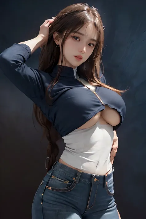 8K、(Above the chest:1.5)、(1 girl in:1.4)、Light Brown Fringe Hair、Braided hair、disheveled hair、Light brown eyes、(dignified expression)、(爆乳:1.5)、(Emphasize the valley:1.7)、Photorealsitic、(Shadow:1.1)、(intricate detailes:1.2)、(masutepiece、:1.3)、(top-quality:1...