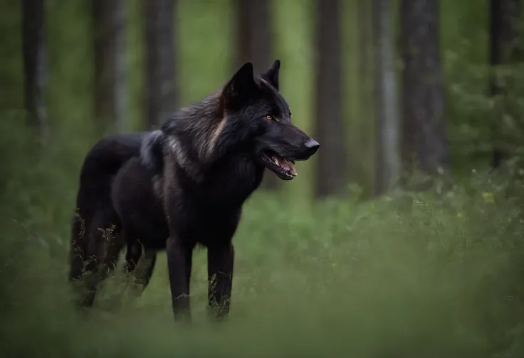 A black wolf wounded in the back by an arrow. A strong wolf, wounded but standing