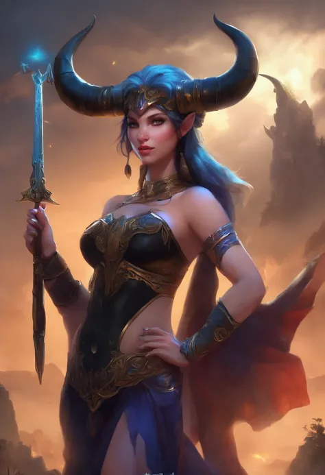 chibi, thunderbolt(Black Minotaur:1.5)，Those with an ax（Black Minotaur Monster：1.8），Cow standing with an axa A high res render of a desi pregnant woman of 30s sexy, busty, perfect hips , covering breasdts with hands, looking at the viewer , side profile, s...