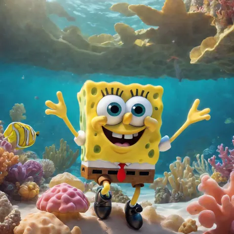 A captivating scene with SpongeBob SquarePants:

saturated colors, vivid underwater world, sandy beach, playful characters, cartoonish style, detailed illustrations, whimsical details, lively animations, dynamic poses, vibrant expressions, comical interact...