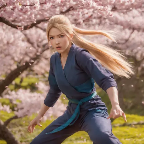 A girl with long, spiky, blonde hair, wearing an orange jumpsuit, and a Konohagakure headband, standing in front of a beautiful landscape with cherry blossom trees. The girl has bright blue eyes and wears a determined expression on her face. She is surroun...