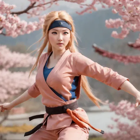 A girl with long, spiky, blonde hair, wearing an orange jumpsuit, and a Konohagakure headband, standing in front of a beautiful landscape with cherry blossom trees. The girl has bright blue eyes and wears a determined expression on her face. She is surroun...