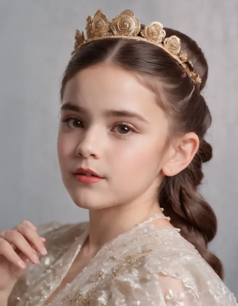 small girl dressed as a fallera with spiral buns on the side of the head with hairpins and brooches, side shot, diffuse lighting, medium shot, high quality photo