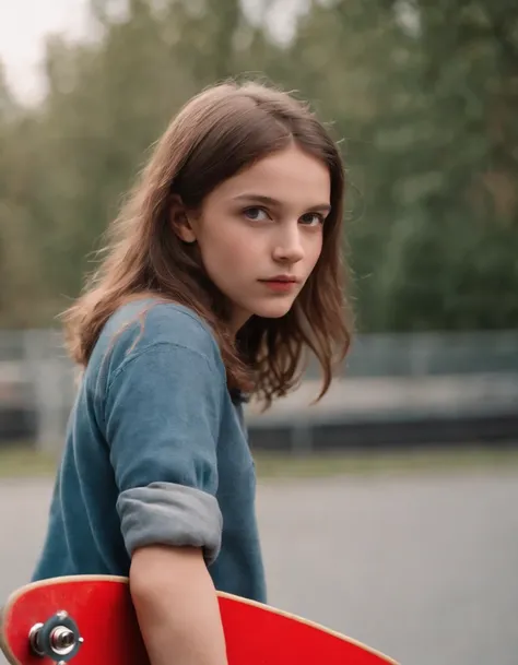 Young girl standing holding a skateboard by david bennett, in the style of close - up intensity, soviet, genderless, red, stock photo, hd, 1970–present