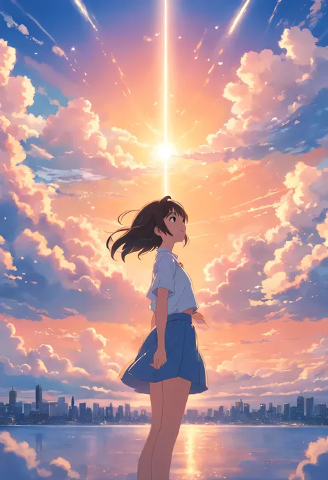 masterpiece, best quality, movie still, 1girl, cloud girl, floating in the sky, close-up, bright, happy, warm soft lighting, sunset, (sparks:0.7)