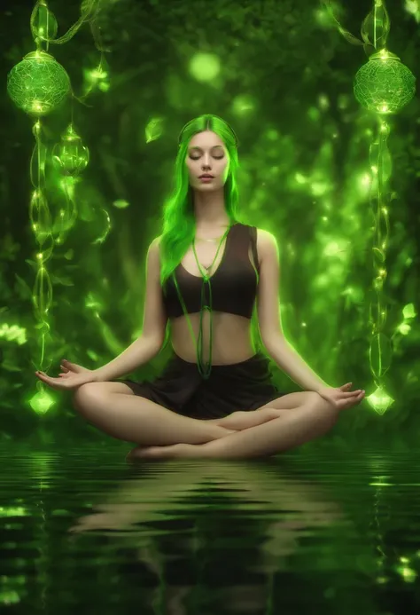 (Master parts:1.2),Best quality,Pisif,Taoist,(Meditation:1.1), soio,A sexy girl ,Meditation cross-legged， Bright green magic matrix, floats，Transparent,Realistic