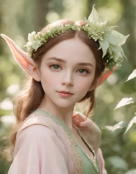 A cute child, an elf princess in the forest, pointed ears, light pink and light green style, anime aesthetic, detailed clothing, cant believe how beautiful this is, realistic techniques, flowers and birds, light gold and green, Upper body