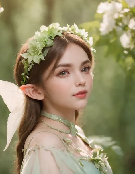 A cute child, an elf princess in the forest, pointed ears, light pink and light green style, anime aesthetic, detailed clothing, cant believe how beautiful this is, realistic techniques, flowers and birds, light gold and green, Upper body