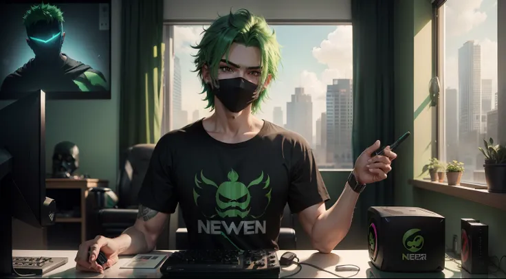 A man with a green hair wearing a mask and black t-shirt. Gamer room. Neo light. Window behind the man with a beautiful and view outside