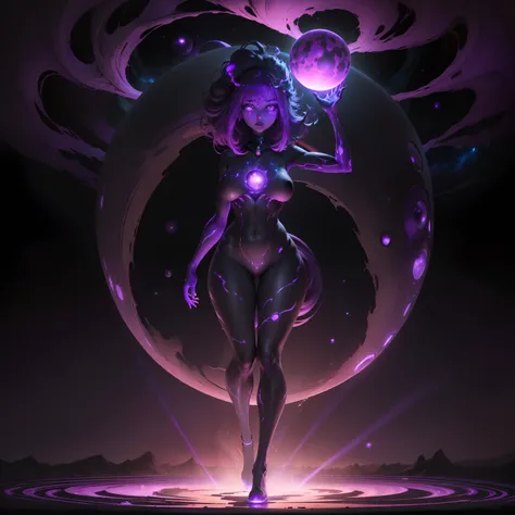 Illustration of a monster who manipulates the power of the universe at will、Slender female form、Born from a black hole、(The body glows with a purple or crimson hue reflecting the cosmic abyss:1.8)、fullnude、Planet shining on the forehead、Breasts are a shini...