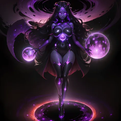 Illustration of a monster who manipulates the power of the universe at will、Slender female form、Born from a black hole、(The body glows with a purple or crimson hue reflecting the cosmic abyss:1.8)、fullnude、Planet shining on the forehead、Breasts are a shini...