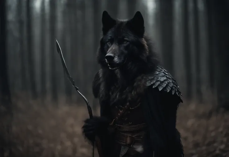 A black wolf in costume, wounded in the back by an arrow. A strong wolf, wounded but standing. black hair. Let there be a cigarette in your mouth