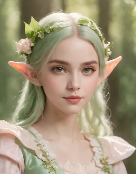 (A cute child), an elf princess in the forest, pointed ears, light pink and light green style, anime aesthetic, detailed clothing, cant believe how beautiful this is, realistic techniques, flowers and birds, light gold and green, Upper body