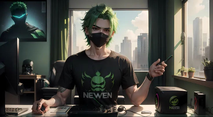 A man with a green hair wearing a mask and black t-shirt. Gamer room. Neo light. Window behind the man with a beautiful and view outside