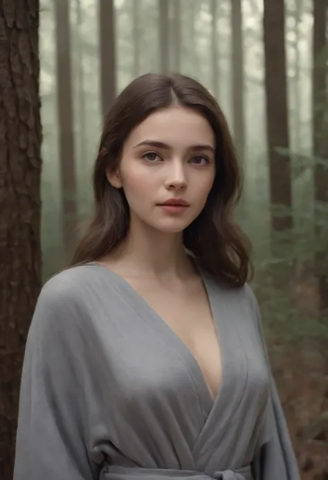 (a girl in a gray robe standing in a dark forest,epic style,physically-based rendering,desert composition,pretty face,hyper-realistic,oil painting canvas,award-winning masterpiece,trending on art station,Studio Ghibli inspired work)