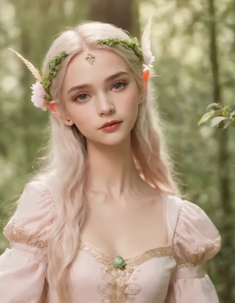 (A child), an elf princess in the forest, pointed ears, light pink and light green style, anime aesthetic, detailed clothing, cant believe how beautiful this is, realistic techniques, flowers and birds, light gold and green, Upper body