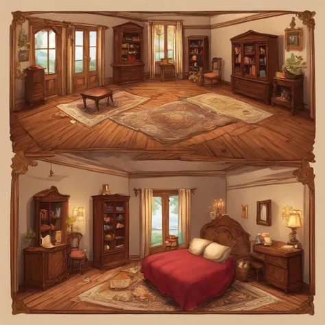 There is a room with ( a bed in the middle of the room ), (a desk with a pencil, a notebook and a textbook), (a chair in front of the desk), (a wardrobe with double doors ), a carpet, a wall clock, a wall painting, (a bookcase with several books on its she...